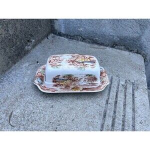 Vtg Nasco Butter Dish 1940s MCM Mountain Woodland Design Glossy Large 7"